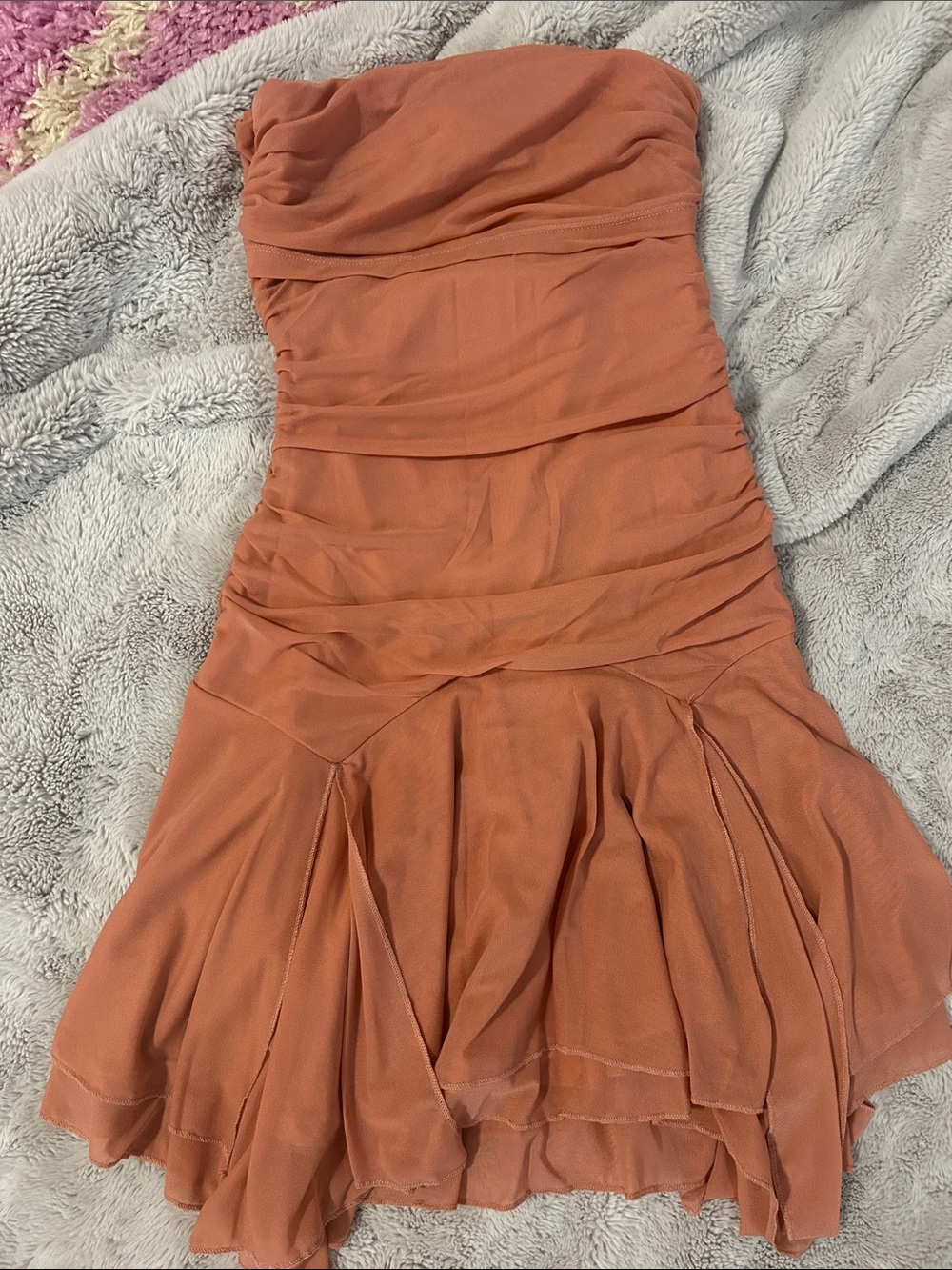Strapless Ruched Flounce Dress - Peach